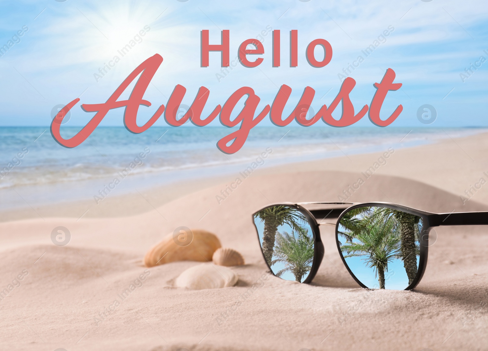 Image of Hello August. Sunglasses on sandy beach near sea