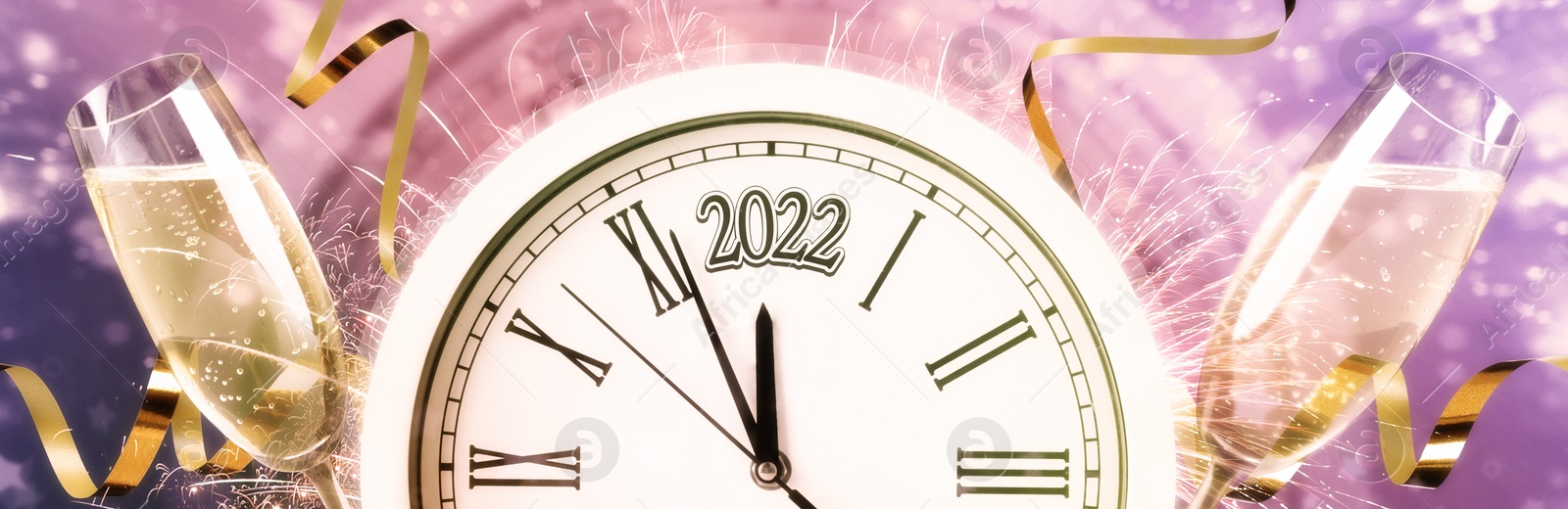 Image of Glasses of sparkling wine, clock, shiny streamers and firework on color background, banner design. Countdown to New Year 2022