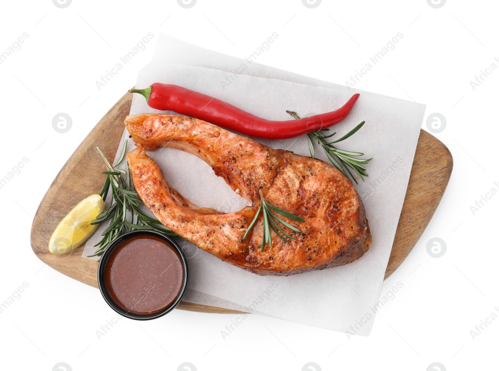Photo of Fresh marinade, cooked fish and other products isolated on white, top view