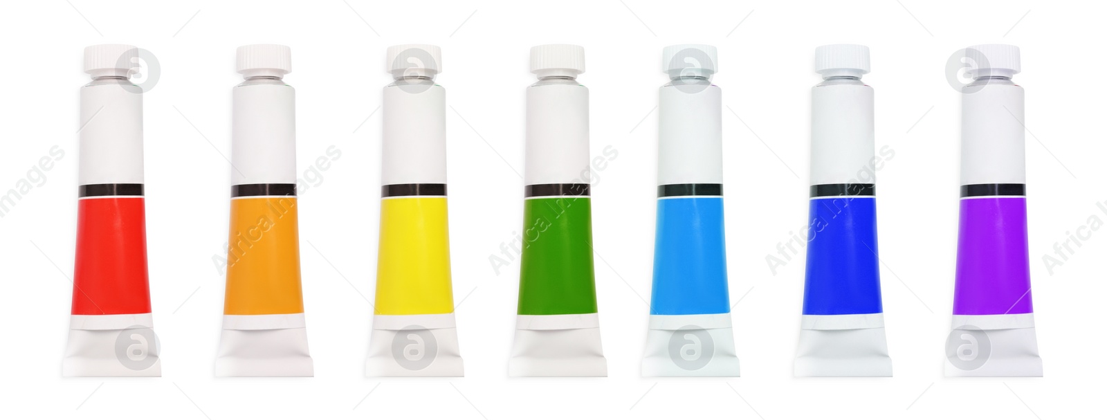 Image of Set of tubes with colorful oil paints on white background, top view