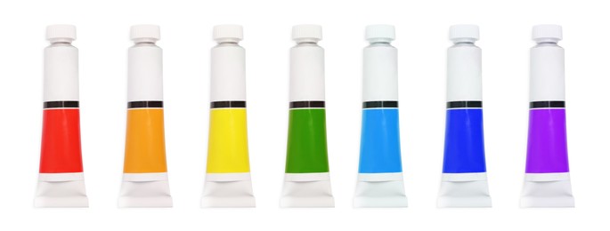 Image of Set of tubes with colorful oil paints on white background, top view