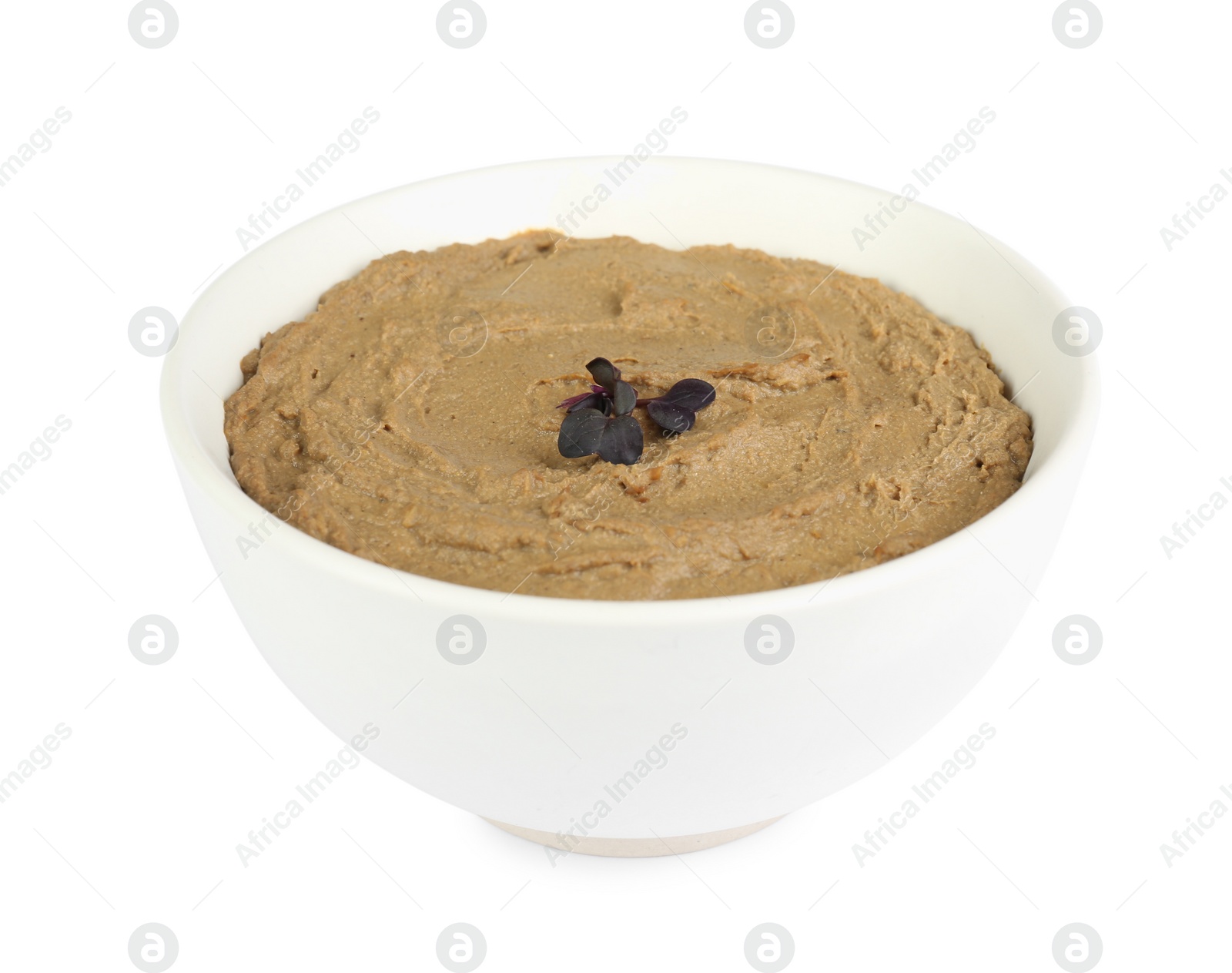 Photo of Tasty liver pate with herb in bowl isolated on white