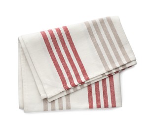 Striped kitchen towel isolated on white, top view