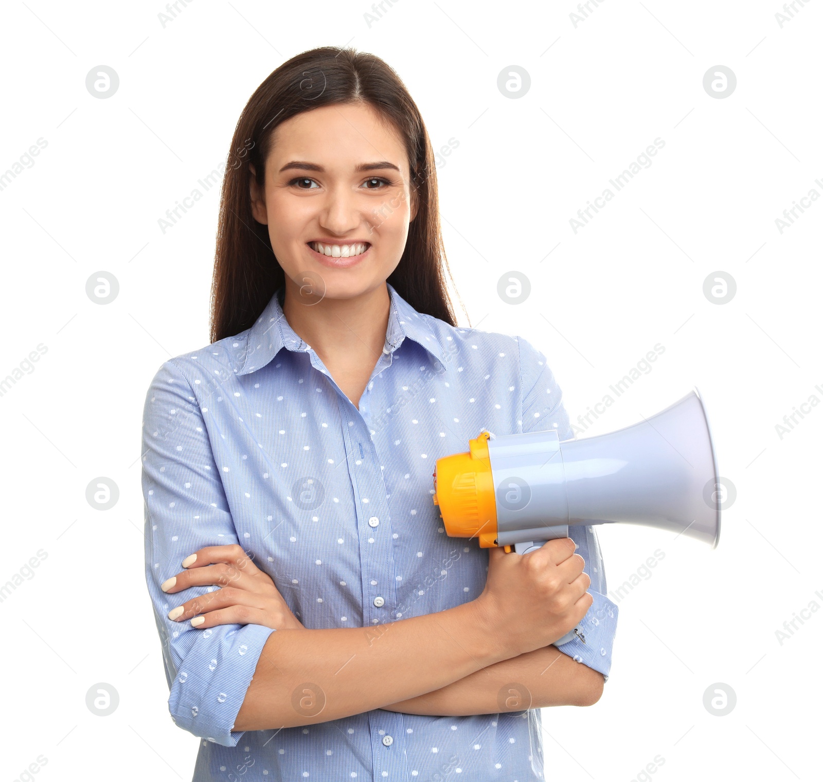 Photo of Young woman with megaphone on white background