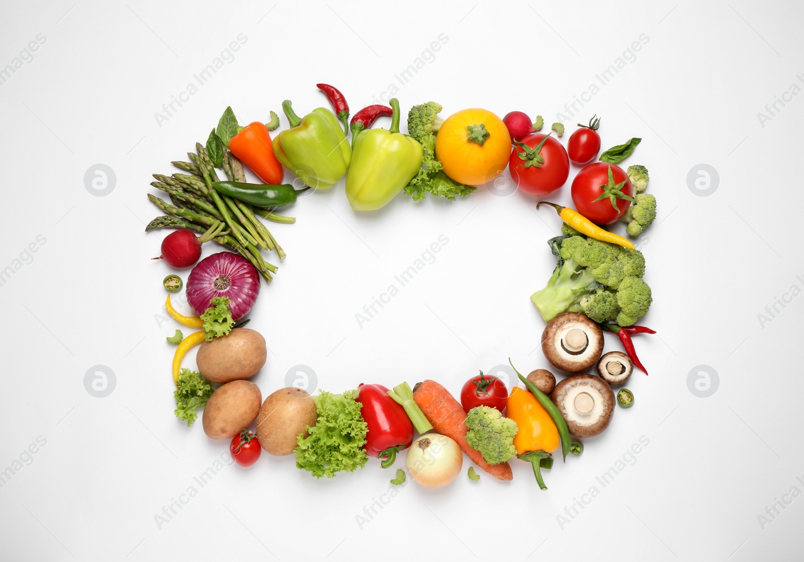 Photo of Frame of fresh vegetables on white background, flat lay. Space for text