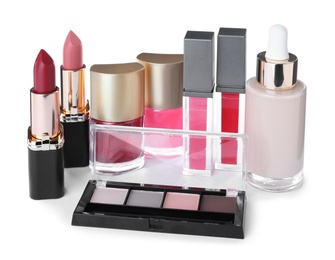 Photo of Different luxury cosmetic products on white background