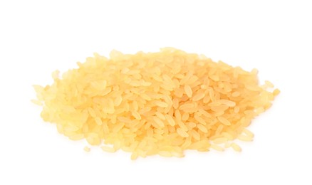 Photo of Pile of raw rice on white background. Vegetable planting