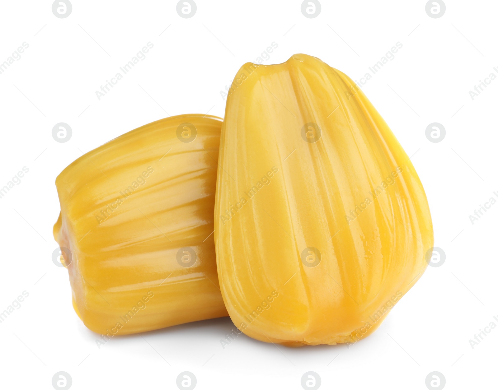 Photo of Delicious exotic jackfruit bulbs on white background