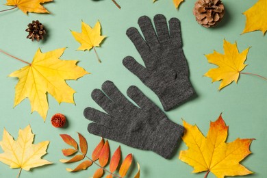Stylish woolen gloves and dry leaves on green background, flat lay