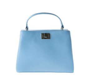 Photo of Stylish light blue woman's bag isolated on white