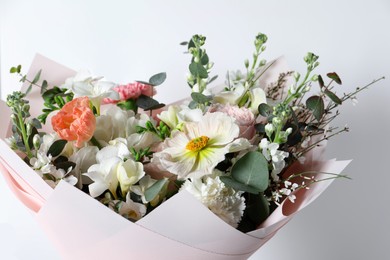 Photo of Bouquet of beautiful flowers on white background, closeup