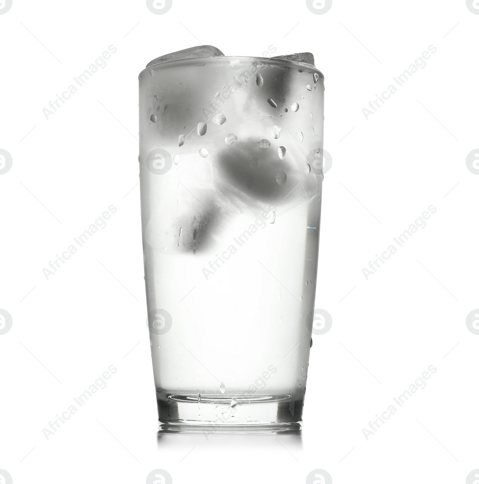 Photo of Glass of cold clear water with ice on white background. Refreshing drink