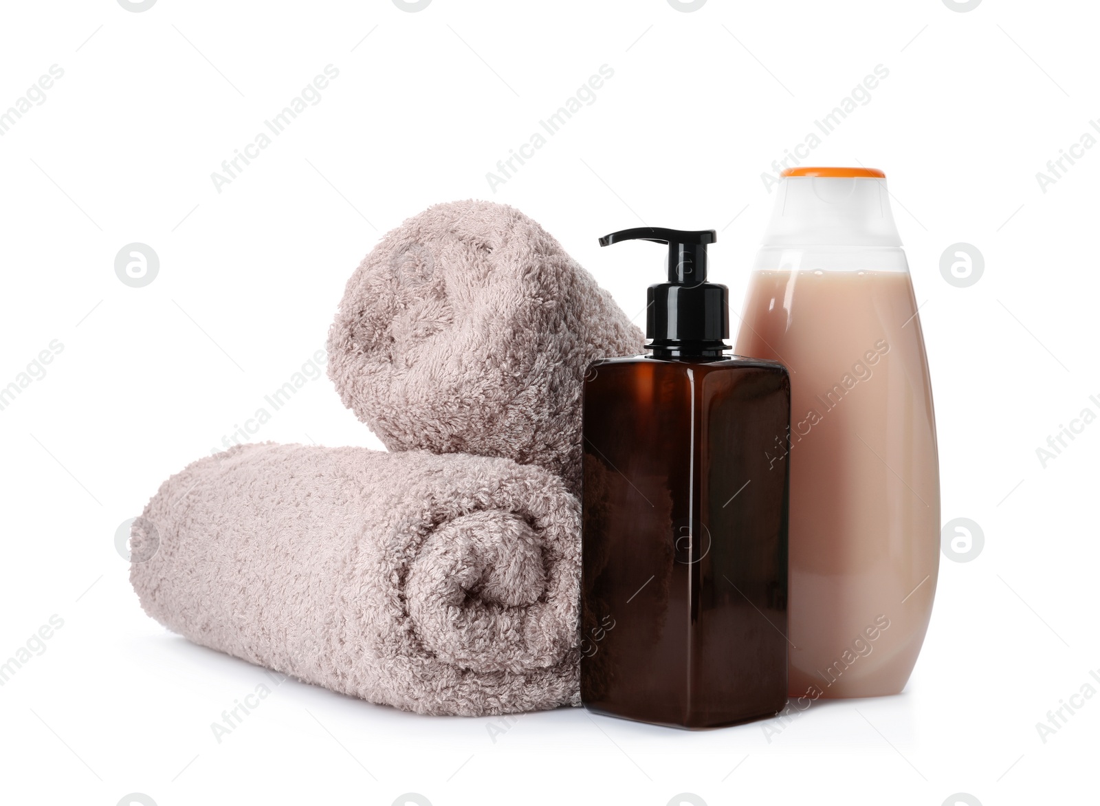 Photo of Personal hygiene products and towels on white background