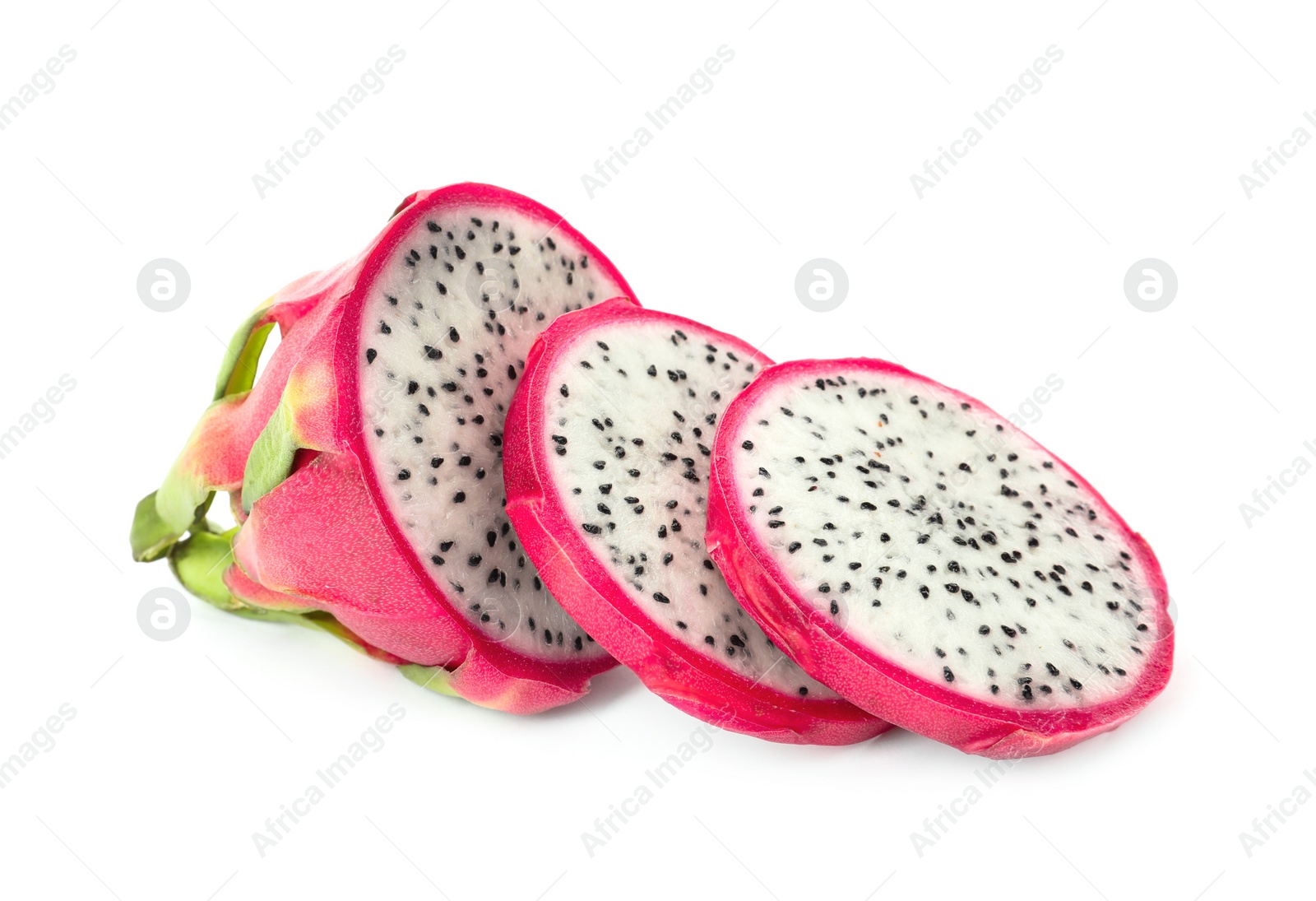 Photo of Delicious cut pitahaya fruit on white background