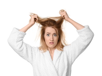 Photo of Young woman with hair loss problem on white background