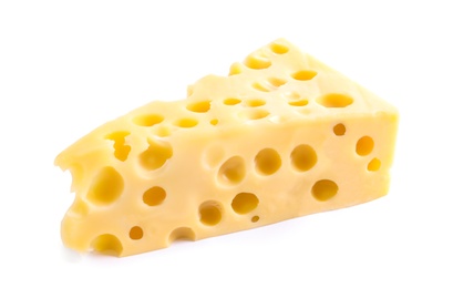 Photo of Piece of cheese with holes isolated on white