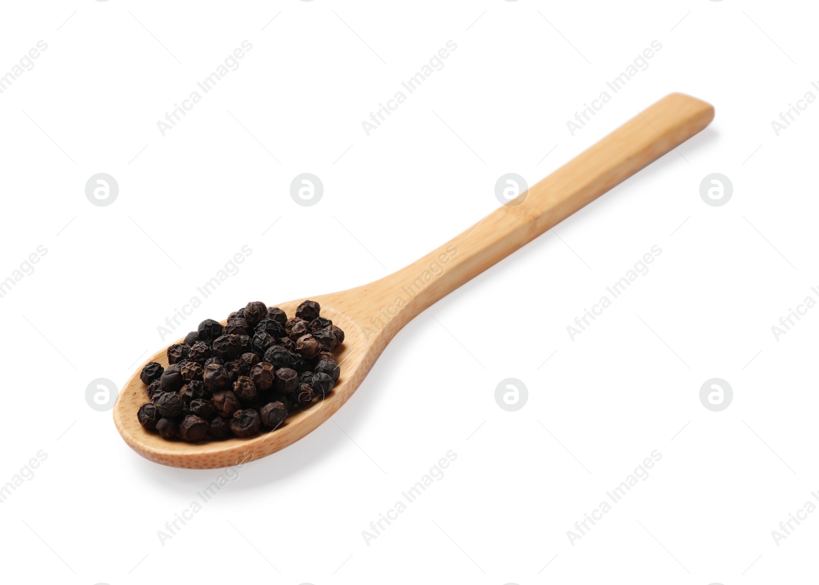 Photo of Aromatic spice. Many black peppercorns in spoon isolated on white