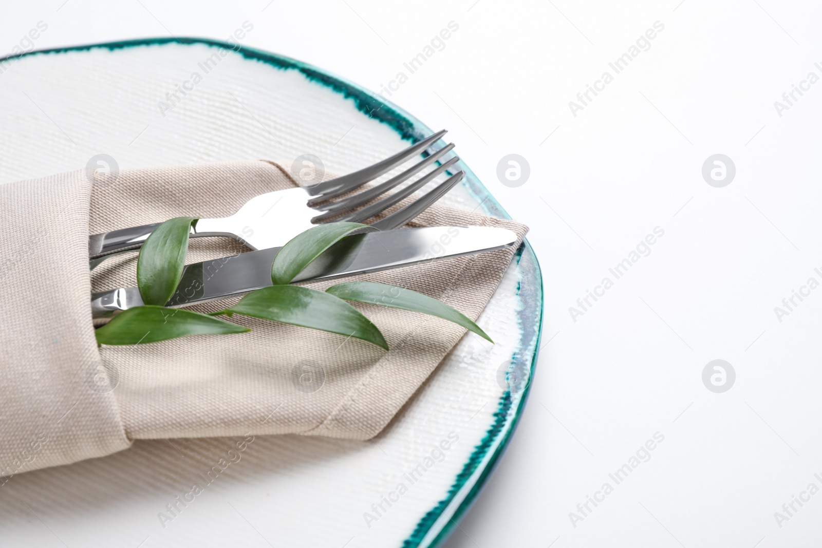 Photo of Stylish elegant table setting and branch of plant on white background, closeup