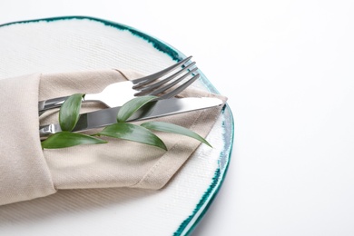 Photo of Stylish elegant table setting and branch of plant on white background, closeup