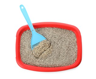 Photo of Red cat litter tray with filler and scoop isolated on white, top view
