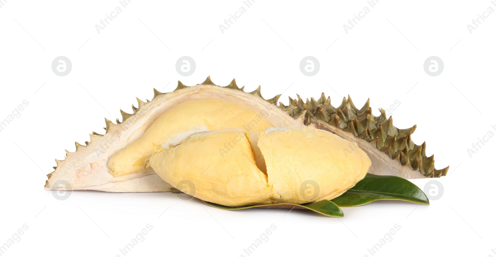 Photo of Fresh ripe durian pieces with green leaves on white background