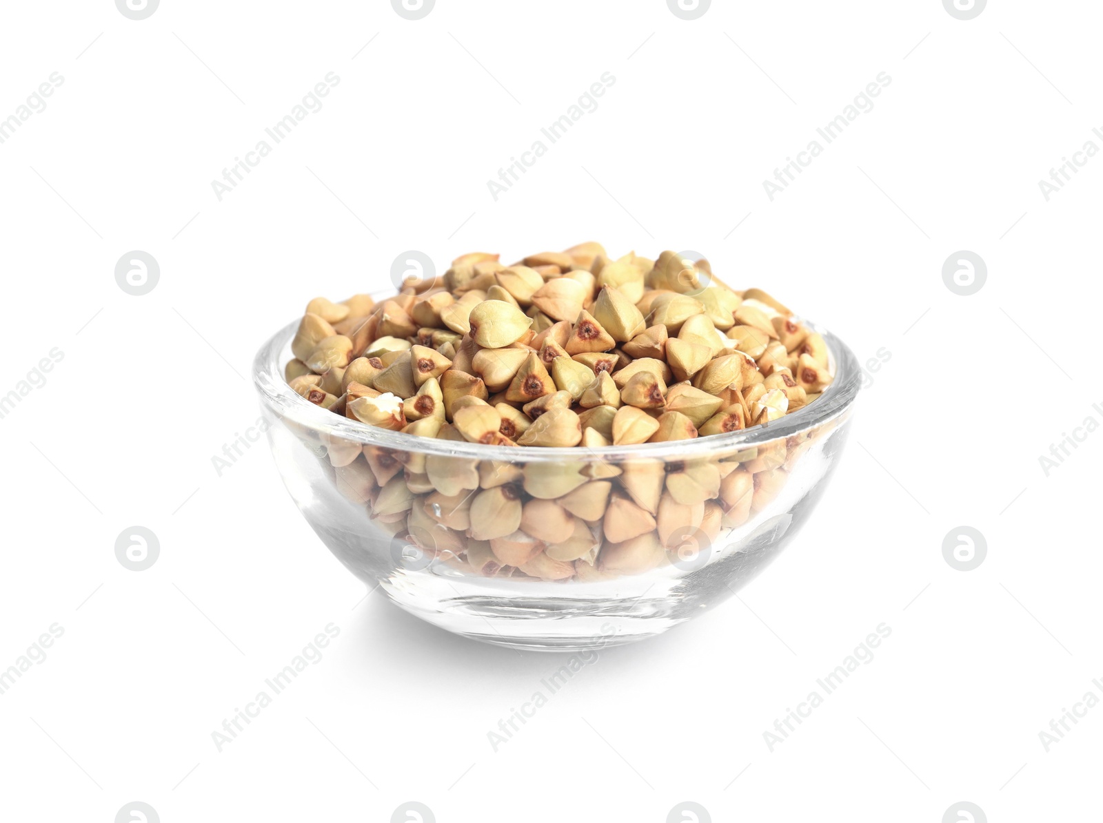 Photo of Green buckwheat in bowl isolated on white