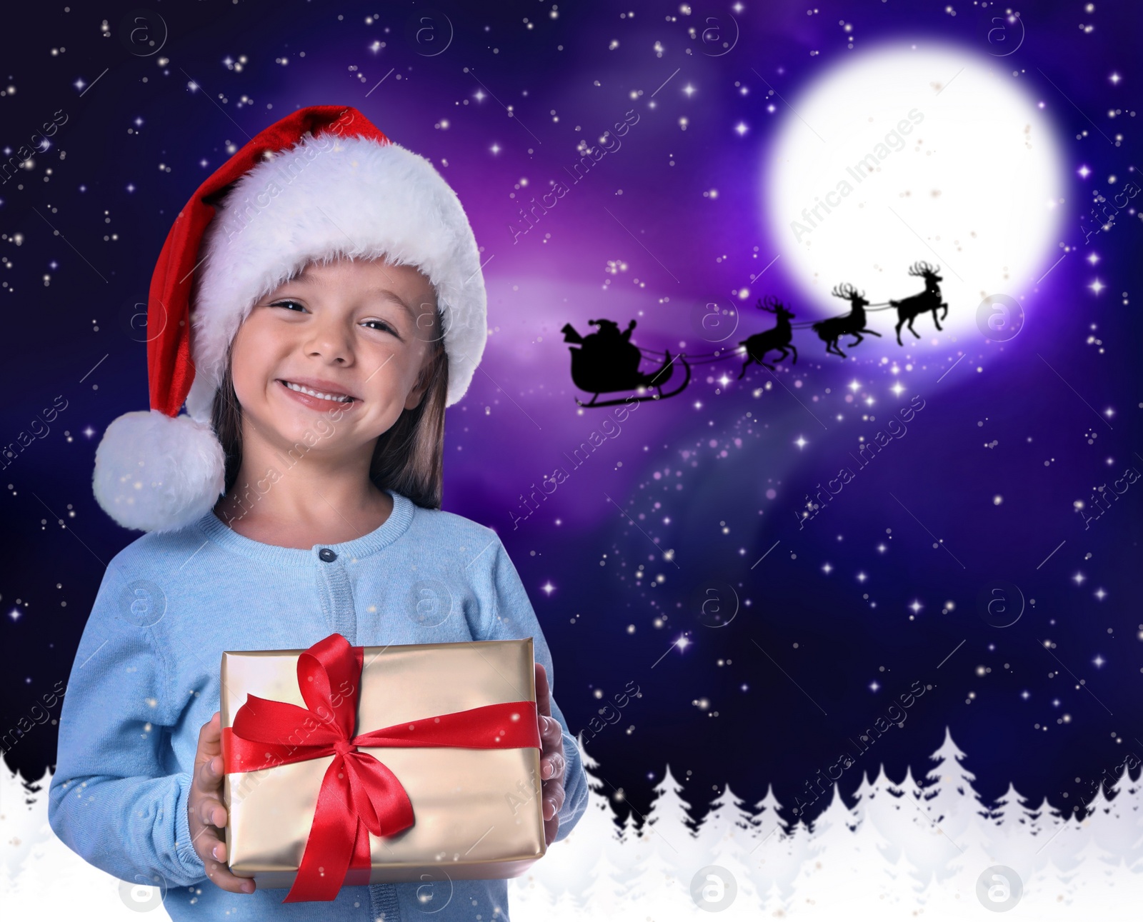 Image of Cute little child and Santa Claus flying in his sleigh against moon sky on background. Christmas celebration