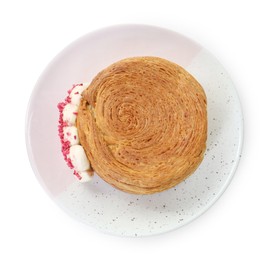 Photo of Round croissant with cream isolated on white, top view. Tasty puff pastry