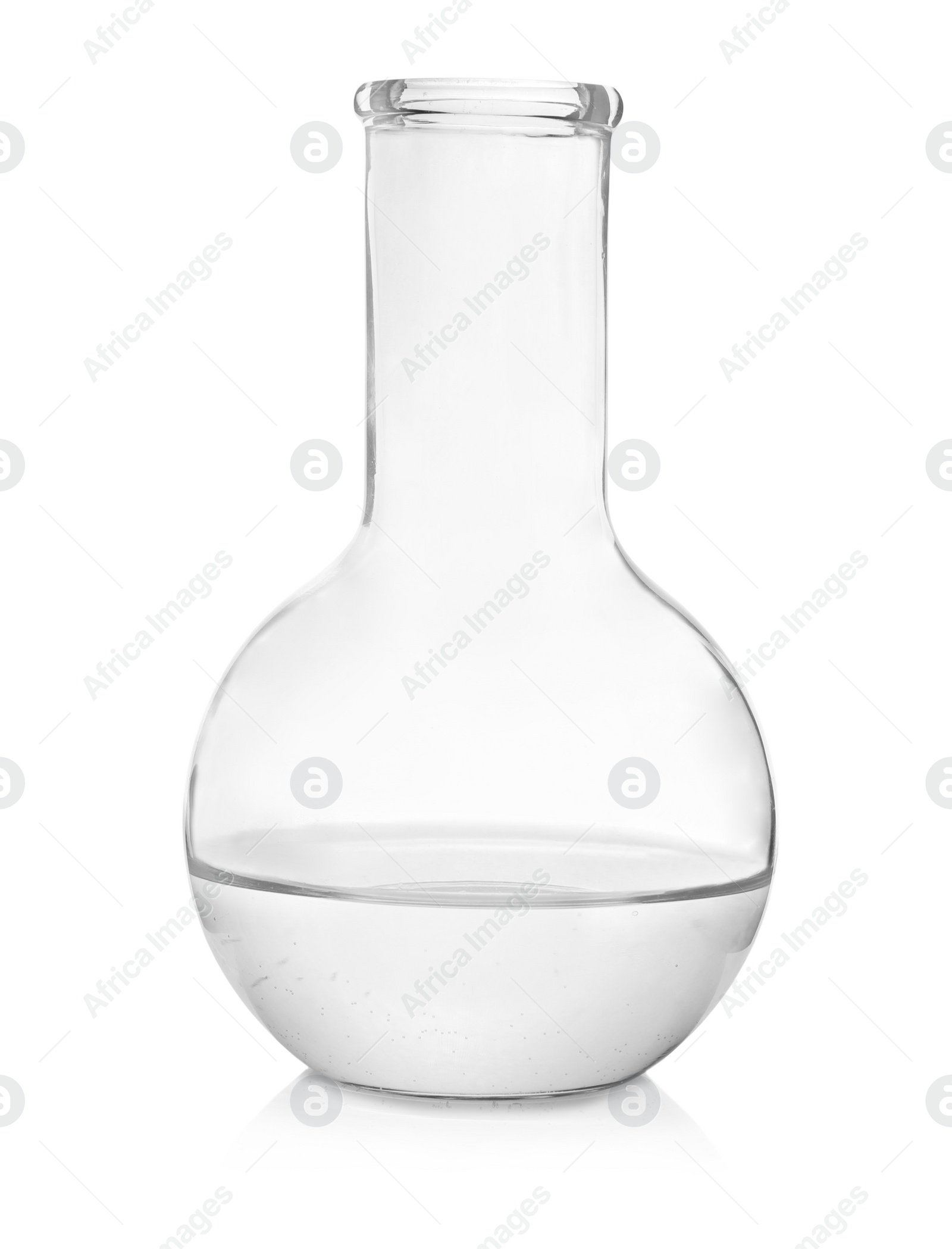 Photo of Flask with transparent liquid isolated on white