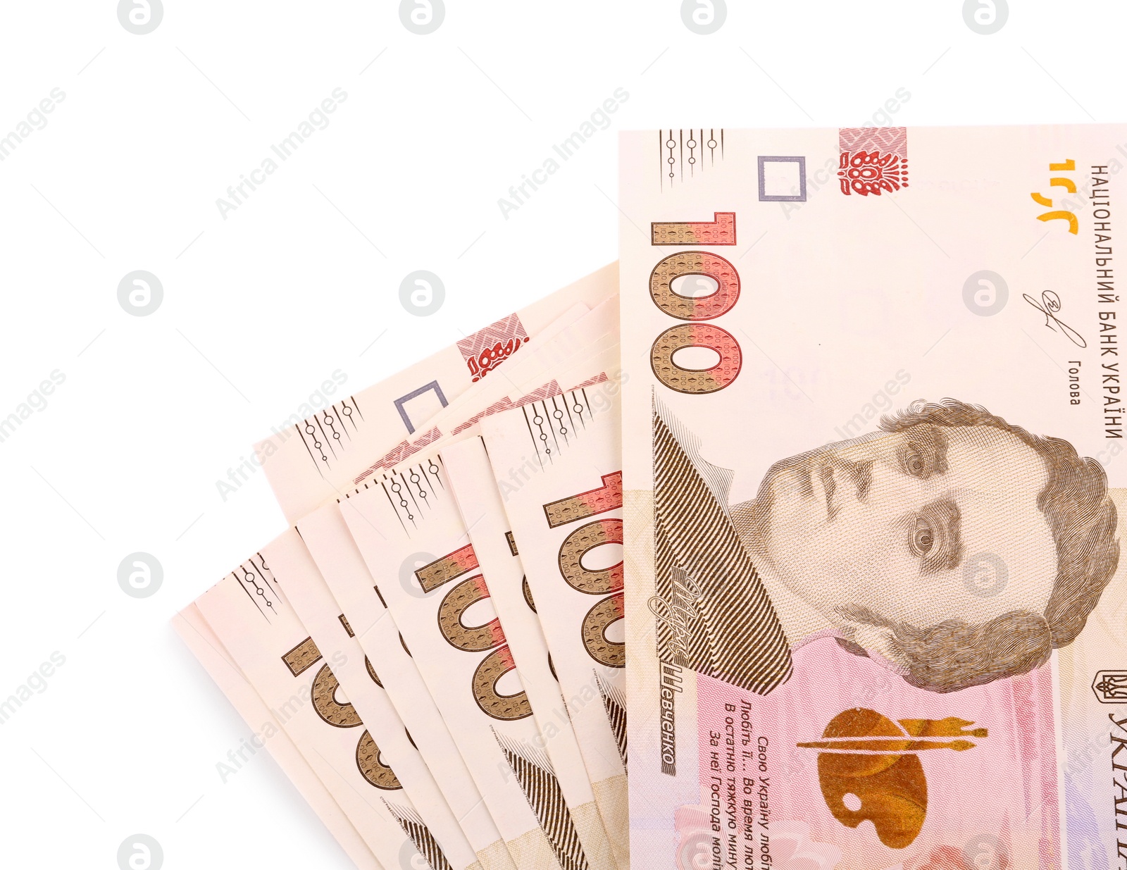 Photo of 100 Ukrainian Hryvnia banknotes on white background, top view