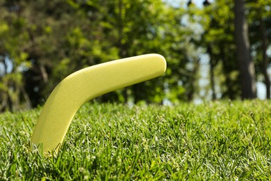 Photo of Yellow wooden boomerang in green grass outdoors, space for text