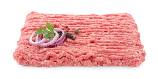 Raw ground meat, onion, peppercorns and parsley isolated on white