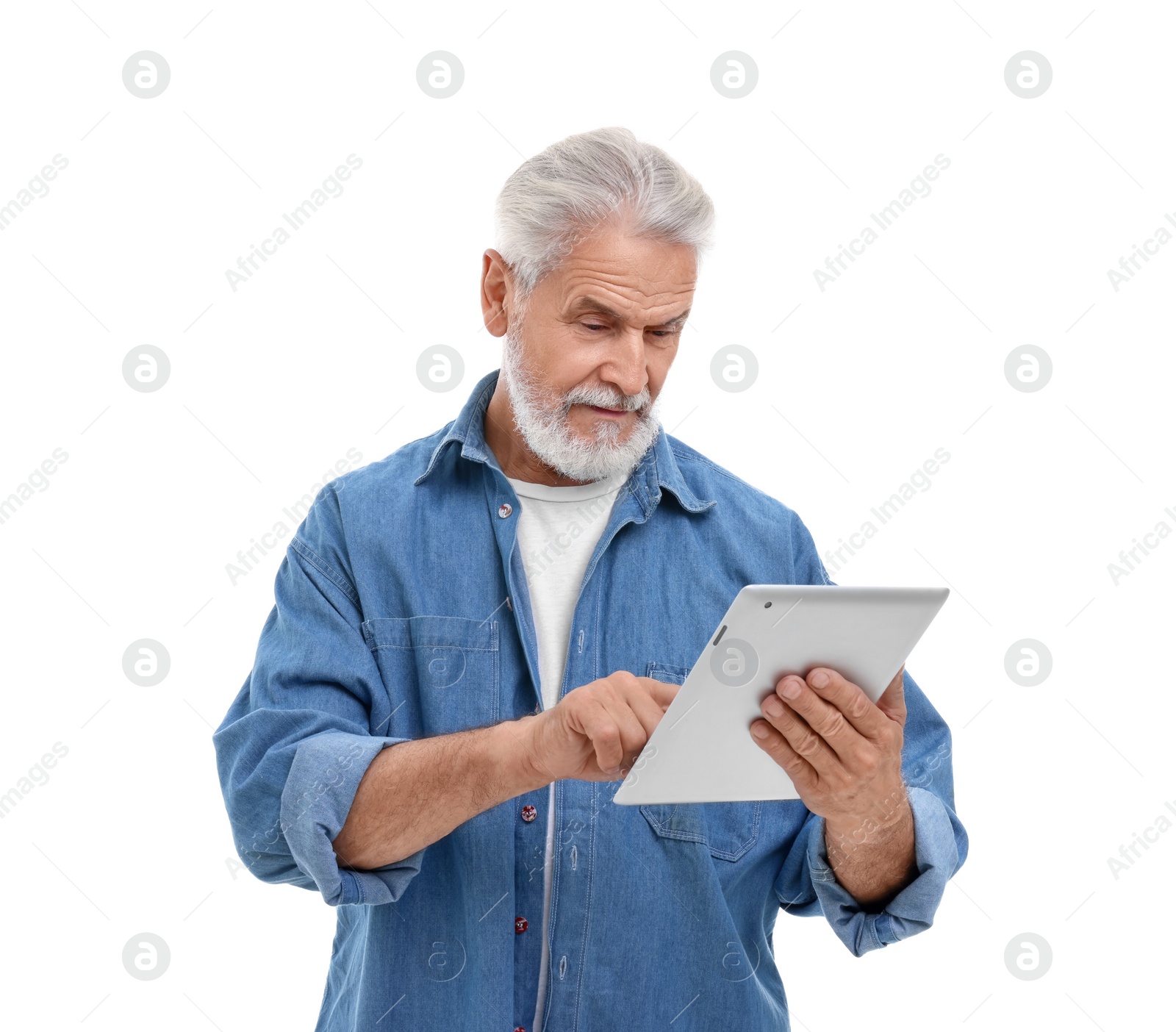 Photo of Senior man using tablet on white background