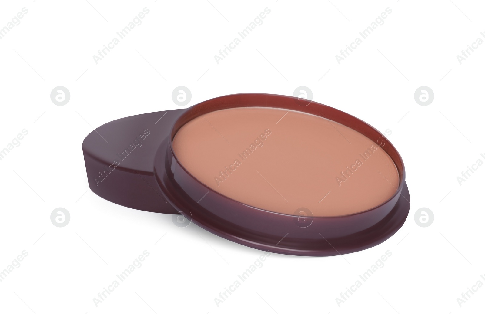 Photo of Dark face powder isolated on white. Makeup product