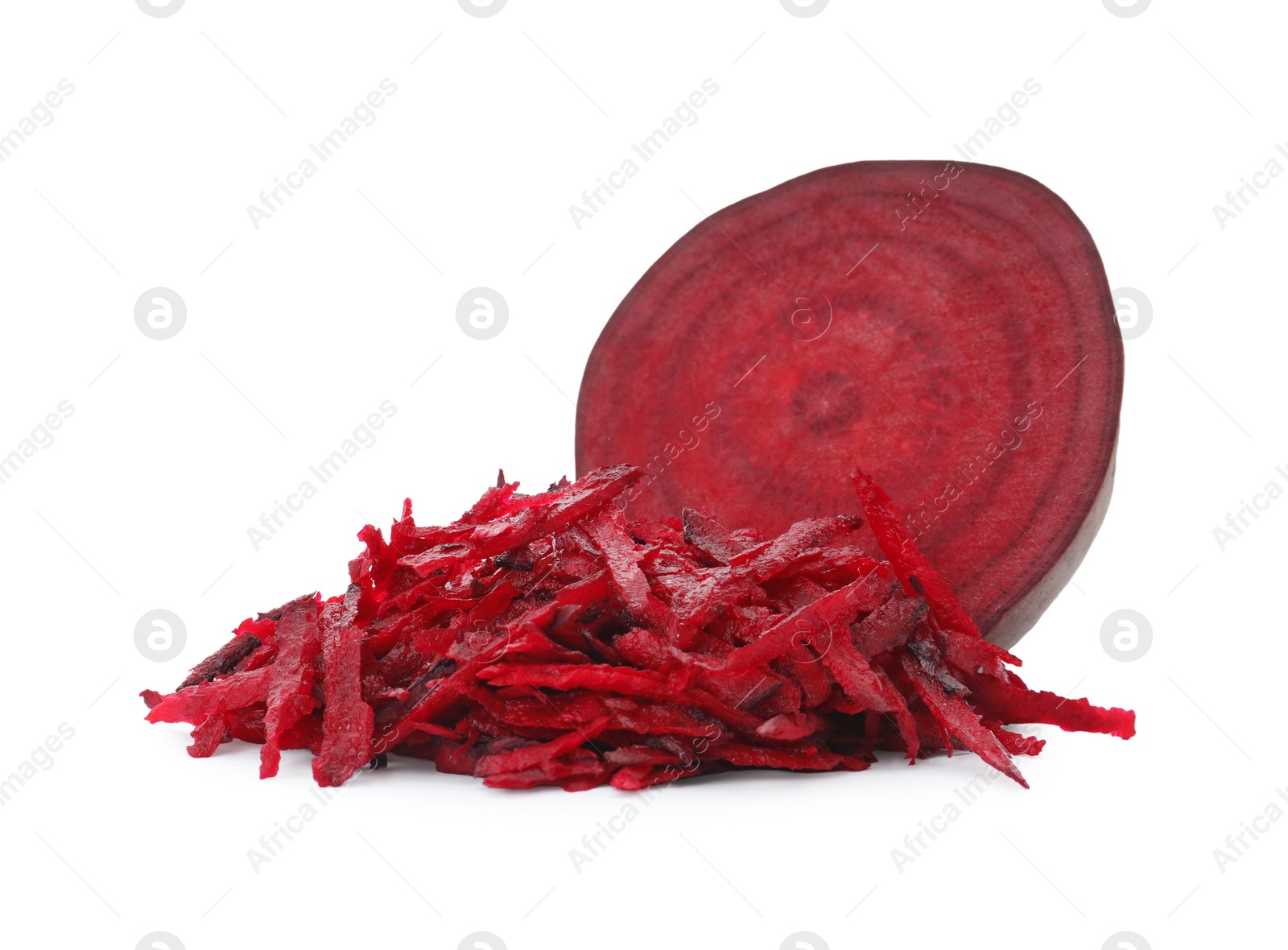 Photo of Cut and grated fresh red beet and on white background