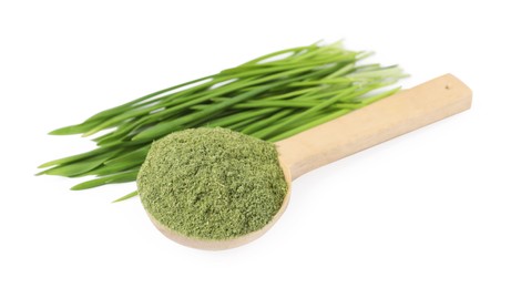 Wheat grass powder in spoon and fresh sprouts isolated on white