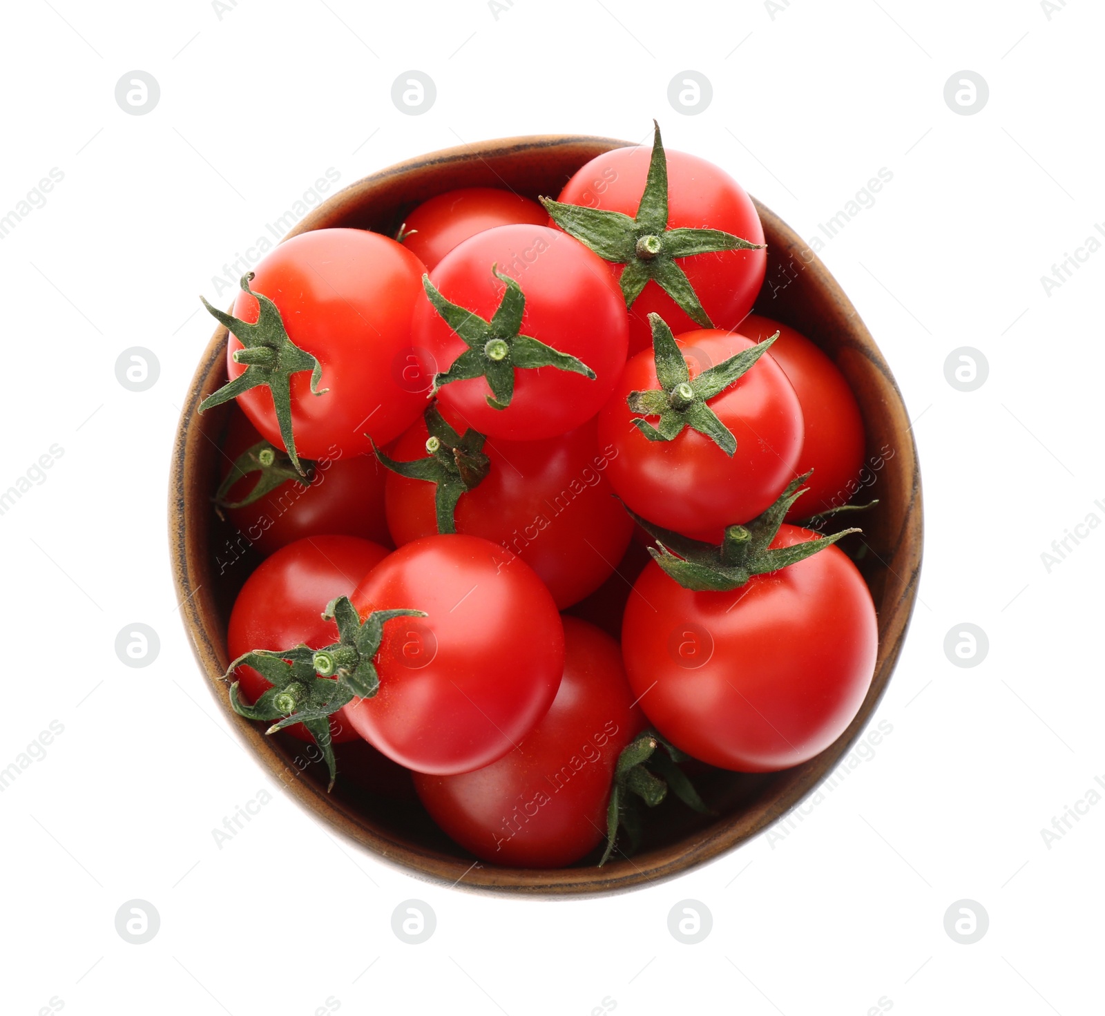 Photo of Fresh ripe cherry tomatoes in wooden bowl isolated on white, top view