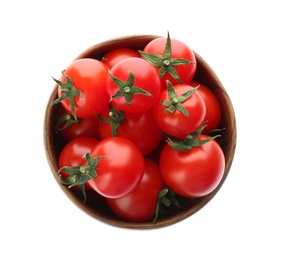 Fresh ripe cherry tomatoes in wooden bowl isolated on white, top view