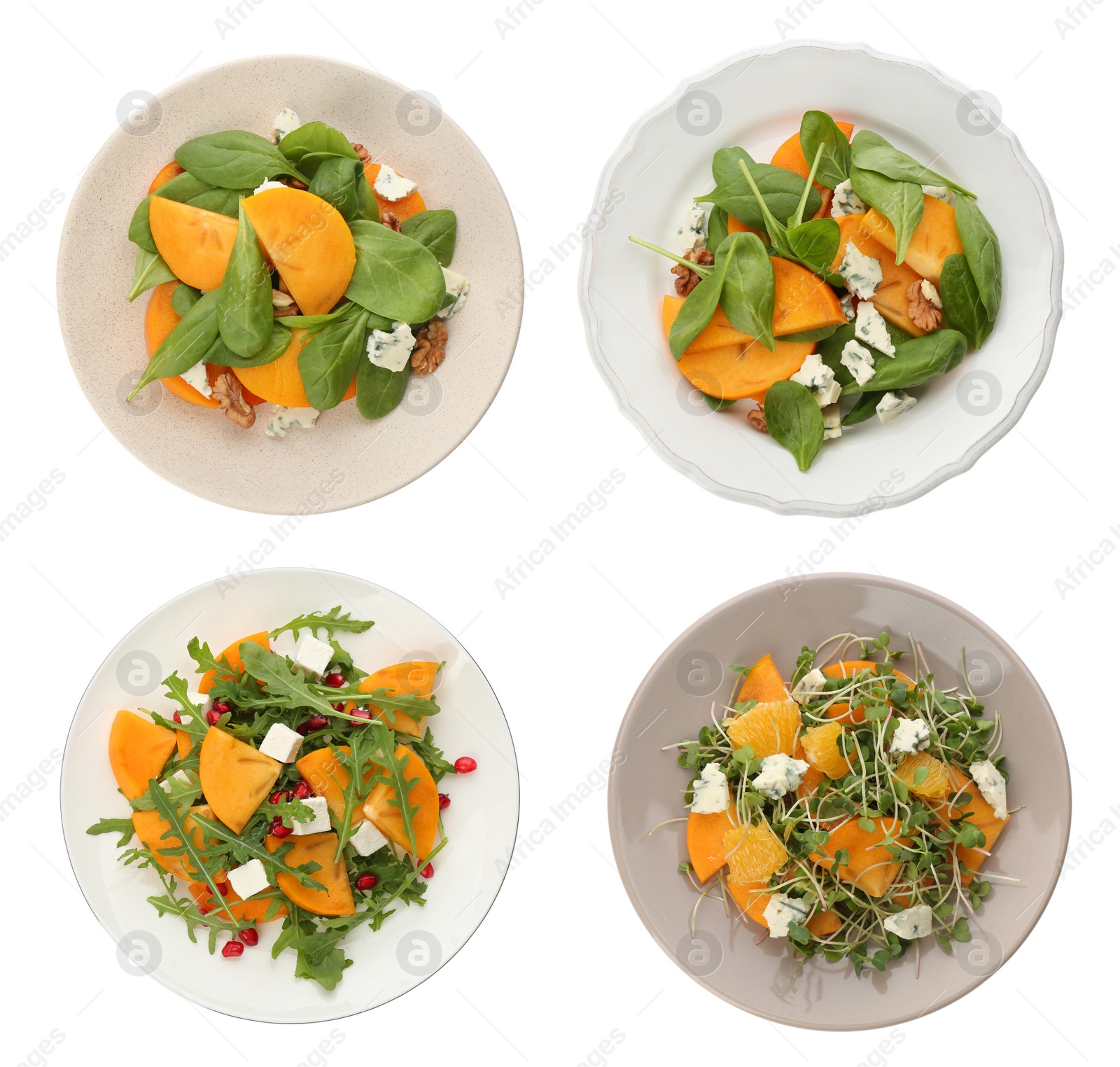 Image of Set with tasty persimmon salads on white background, top view