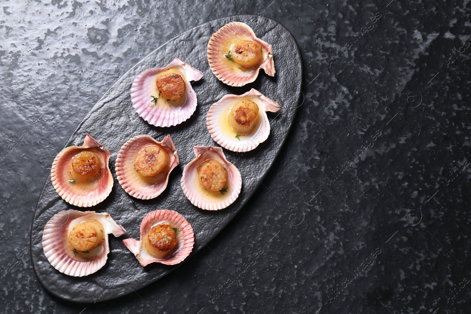 Photo of Delicious fried scallops in shells on black table, top view. Space for text