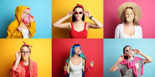 Image of Collage with photos of women blowing bubblegum on color backgrounds, banner design