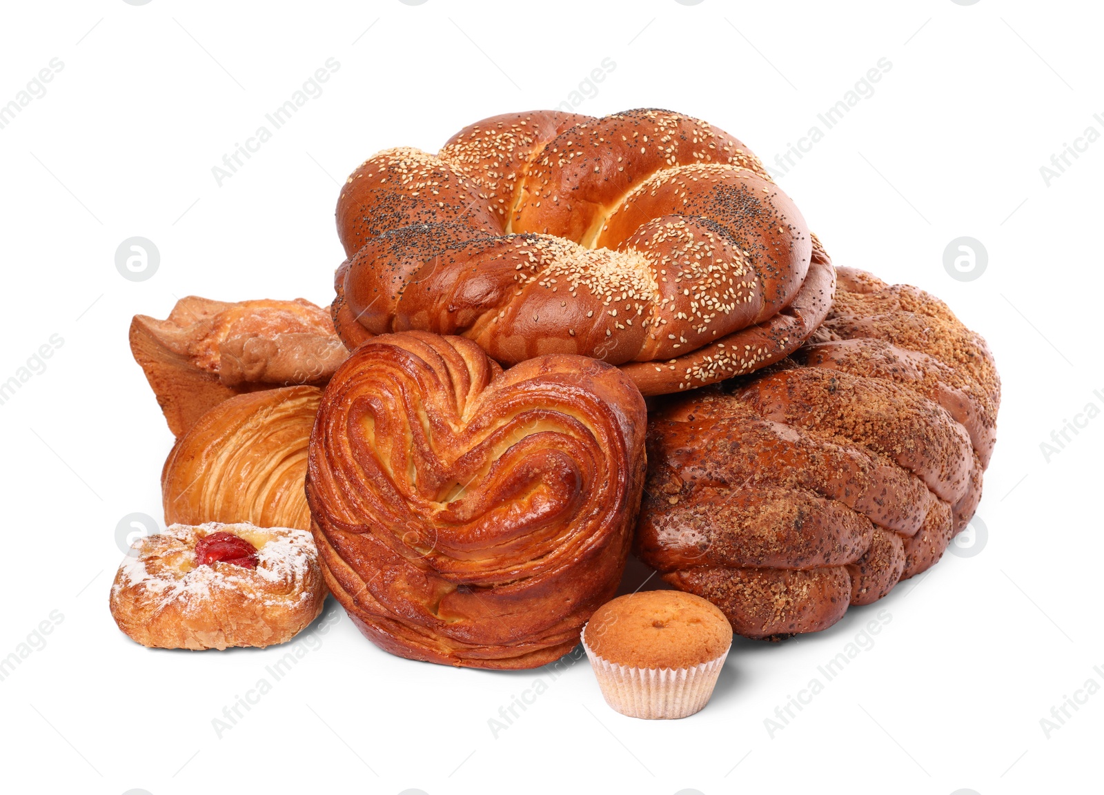 Photo of Many different tasty pastries isolated on white