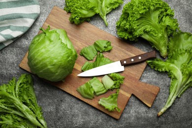 Photo of Different sorts of lettuce and knife on grey table, flat lay