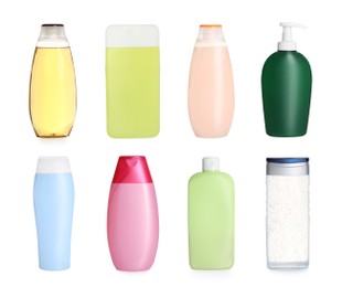 Set with different shower gels on white background