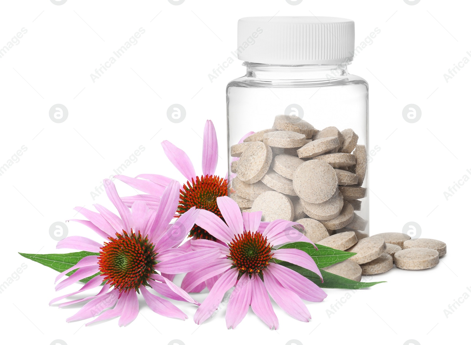 Image of Bottle with vitamin pills and beautiful echinacea flowers on white background