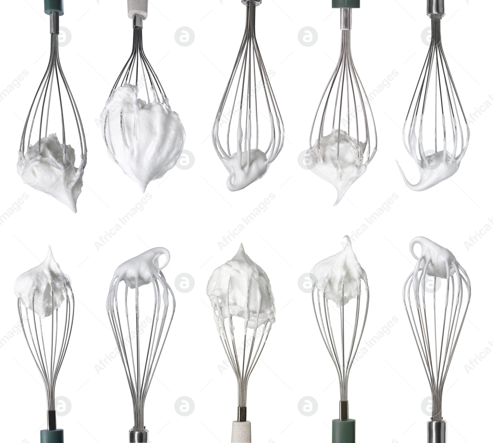 Image of Many different whisks with cream isolated on white, collection