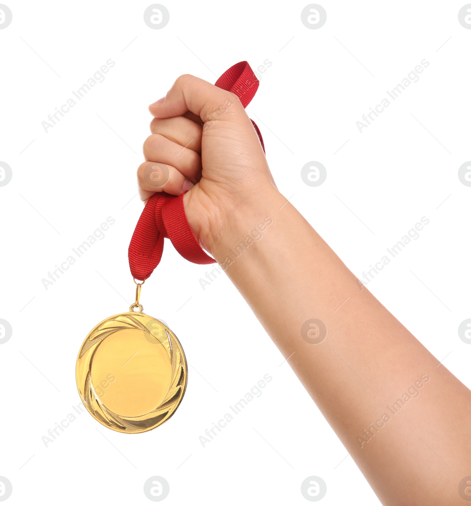 Photo of Woman holding gold medal on white background, closeup