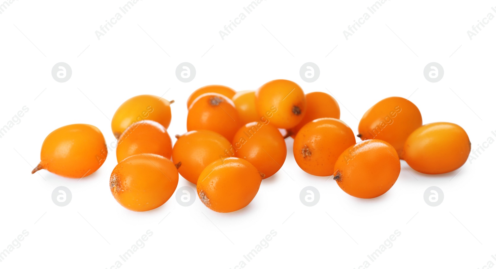 Photo of Pile of fresh ripe sea buckthorn berries on white background