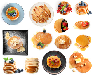 Image of Set of delicious pancakes with different toppings on white background