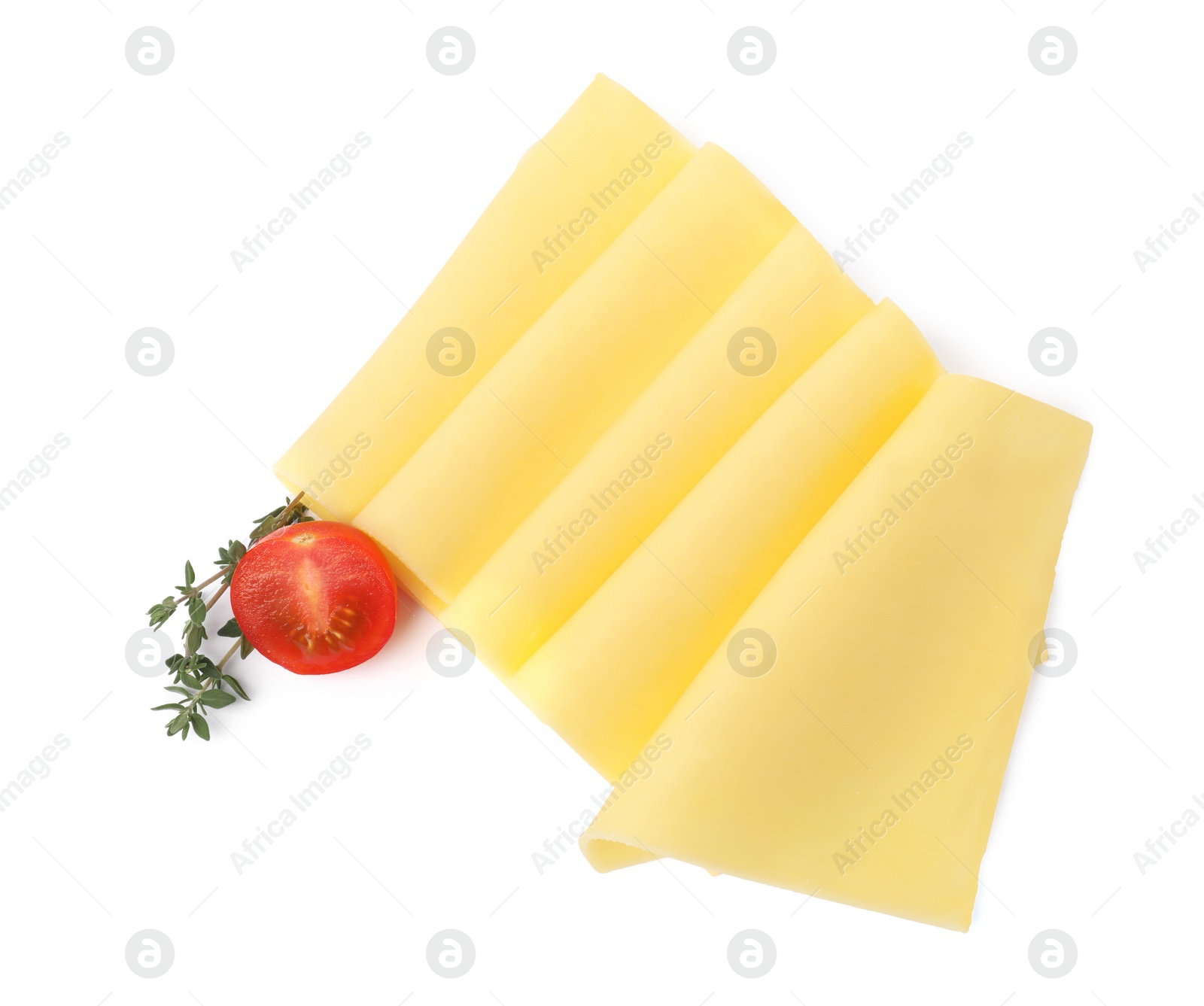 Photo of Slices of tasty fresh cheese, thyme and tomato isolated on white, top view